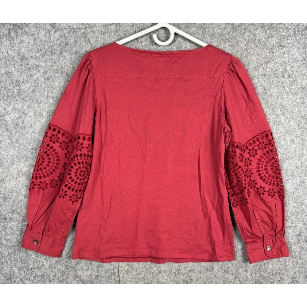 REBECCA TAYLOR LA VIE Top Women's Medium Red Long Sleeve Lace Peasant Cotton *